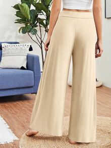SHEIN Essnce 女款純色高腰寬腿寬鬆休閒長褲 - 米色 - 查看 2