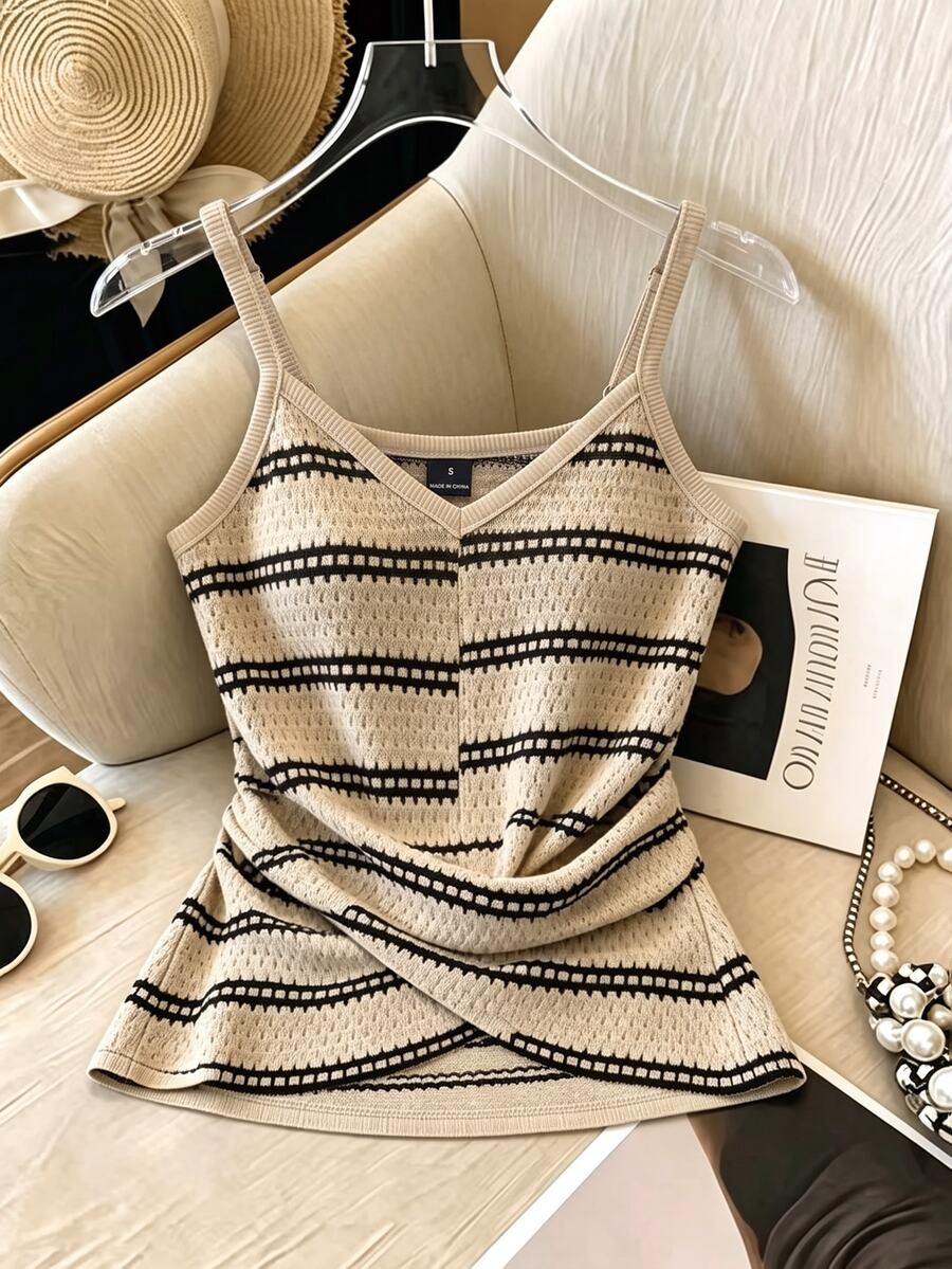 SHEIN Franclia Women's Fashion Striped Spaghetti Strap V-Neck Twisted Hem Fitted Tank Top, Suitable For Daily Commute, Dating, Outing, Beach Vacation - Brown - View 1