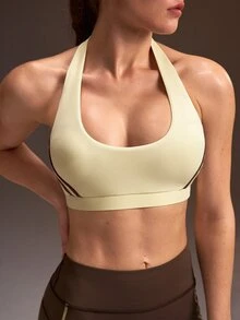 Powerista ملابس علوية تانك قصيرة للنساء بياقة هالتر وظهر مكشوف، مخططة بألوان أصفر وبني متباينة مع حافة مضلعة، مناسبة للربيع والصيف والملابس الرياضية وتمارين الجيم - أصفر فاتح - مشاهدة 6