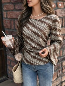 Selianne Vintage Brown Plaid Textured Long Sleeve Cinched Waist Ruffle Hem Slimming Flare Sleeve Commuter Casual Blouse - Multicolor - View 6