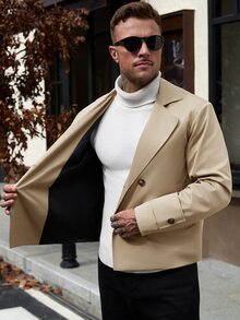 Manfinity CasualCool Men's Casual Solid Color Double-Breasted Trench Coat Jacket - Khaki - View 6