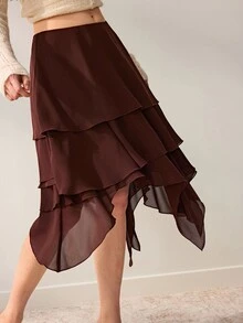 Willow Rêve Women's Brown Chiffon A-Line Asymmetrical Multi-Layer Ruffle Skirt, Solid Color Design, Layered Ruffle Craftsmanship, Fashionable Elegant Romantic Bohemian Style, Suitable For Summer Vacation, Party And Travel Outfits - Brown - View 1