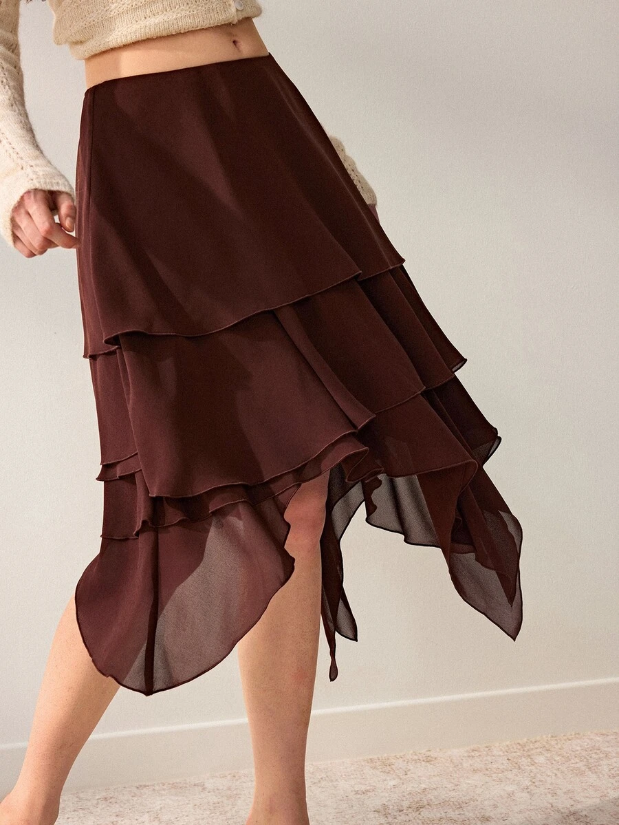 Willow Rêve Women's Brown Chiffon A-Line Asymmetrical Multi-Layer Ruffle Skirt, Solid Color Design, Layered Ruffle Craftsmanship, Fashionable Elegant Romantic Bohemian Style, Suitable For Summer Vacation, Party And Travel Outfits - Brown - View 1