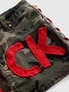ROMWE Street Life Plus Size Street Retro Red Contrast Color English Letter Camouflage Women's Denim Skirt - Multicolor - View 3