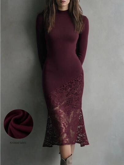 Solivie Rochie pulover elegantă vintage pentru femei, roșu cireș, cu fustă tip sirenă și tiv cu dantelă