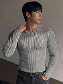 DAZY V-Neck Elastic Ribbed Ribbed Long Sleeve Slim Fit Basic T-Shirt For Men - Grey - View 1