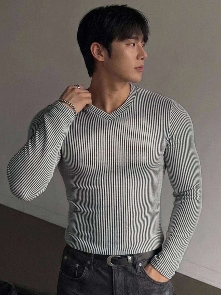 DAZY V-Neck Elastic Ribbed Ribbed Long Sleeve Slim Fit Basic T-Shirt For Men - Grey - View 1