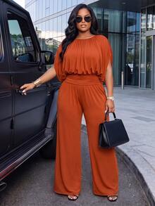 Poshavie Poshavie Plus Size Draped Batwing Sleeve Two Pieces Set, Boat Neck Ruched Top & High Waist Wide Leg Pants Eleg - Rust Brown - View 1