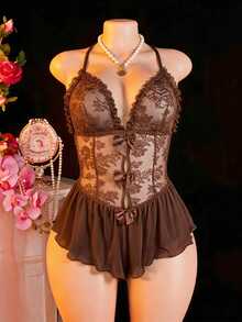 SHEIN 性感蕾絲荷葉邊網紗連身褲 - 咖啡棕 - 查看 6