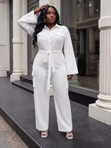Slaydiva Autumn/Winter Plus Size White Utility Jumpsuit With Collar, Belt, Cinched Waist And Wide Leg - White - View 7