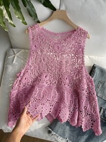 SHEIN EZwear 大尺碼女款春夏刺繡鏤空針織背心 - 藕粉色 - 查看 1
