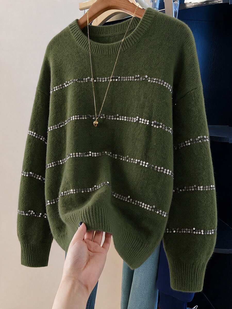 GlowEve CURVE Fashionable Sequin Design Commuter Style Loose Fit Versatile Knit Sweater Base Layer Top For Women - Army Green - View 1