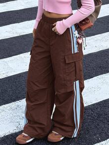 SHEIN 兒童青少年女孩長褲 春夏新款人氣多巴胺彩色對比色織帶長褲 - 棕色 - 查看 1