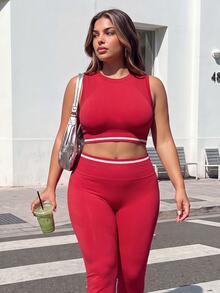 SHEIN Sovereign Charm Women's Plus Size Striped Cropped Tank Top And Leggings Sports Set - Red - View 3