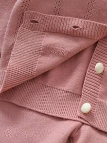 SHEIN 6 Months - 3 Years Baby Girl Bean Paste Color Round Neck Perforated Knit Cardigan With 3D Bow Decor Long Sleeve Jacket And Ruffle Hem Knit Wide Leg Pants 2 Pieces Set Infant Toddler Casual Spring Autumn Knit Outfit - Pink - View 5