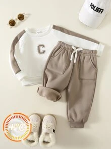 SHEIN 男女嬰兒/幼兒 2件組秋冬保暖內裡加厚拼色運動衫套裝，嬰兒冬季套裝/衣服，運動服，聖誕 - 摩卡棕 - 查看 5