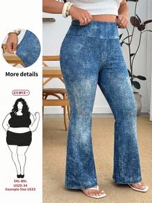 SHEIN CURVE+ 大尺碼女款寬腰帶喇叭褲，適合各種腿型 - 藍色 - 查看 8