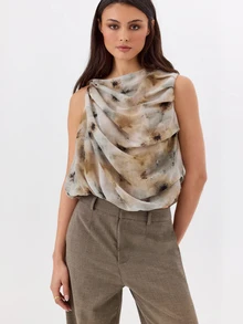 KÆRIA Hus Sleeveless Draped Cowl Neck Top - Whisper Chiffon - Abstract Blur Print - Draped, Going Out Top, Sheer - Multicolor - View 1