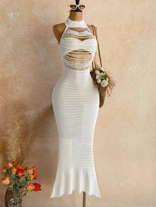 Soleia Women's Solid Color Cutout Design Fitted Sexy Halter Neck Knit Dress - Apricot - View 4