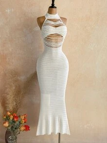 Soleia Women's Solid Color Cutout Design Fitted Sexy Halter Neck Knit Dress - Apricot - View 3