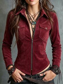 Glimmora Bohemian Western Style Burgundy Zipper Long Sleeve Vintage Shirt - Burgundy - View 3