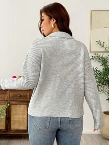 Weeklong Plus Size Loose Casual Commute Minimalist Lace-Up Pullover Sweater Winter - Light Grey - View 2