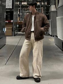DAZY Spring/Autumn Loose Straight Leg Beige Washed Distressed Korean Style Men's Plus Size Jeans - Beige - View 4