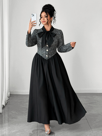 Elenzga Plus Size Women Elegant Bow Long Sleeve Long Dress Autumn/Winter