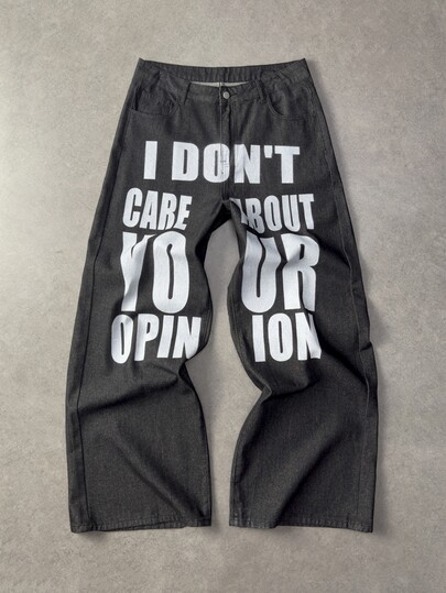 Jean en denim décontracté à jambes larges avec poche et graphique slogan pour hommes