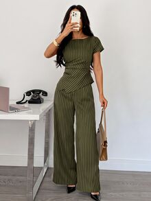 SHEIN PETITE 女款橄欖綠圓領不對稱下擺襯衫與寬腿褲套裝 教師節 辦公室工作 商務 夏季休閒 商務專業 - 軍綠色 - 查看 1