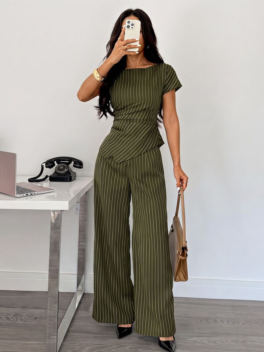 SHEIN PETITE 女款橄欖綠圓領不對稱下擺襯衫與寬腿褲套裝 教師節 辦公室工作 商務 夏季休閒 商務專業 - 軍綠色 - 查看 1