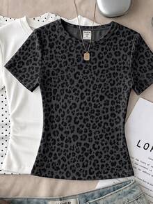 Teen Girls Casual Minimalist Leopard Print Fitted Crew Neck Short Sleeve High Waist Cropped Regular T-Shirt Suitable For Summer - Multicolor - View 3