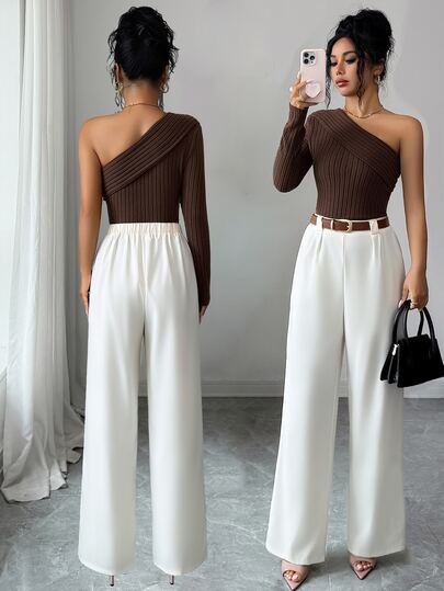 SHEIN Raffinéa Conjunto de 2 piezas para mujer con top de manga larga de textura acanalada y hombro asimétrico elegante vintage y pantalones de unicolor, adecuado para oficina, reuniones de negocios ligeras y ocasiones de compras casuales