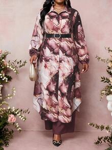 SHEIN Lady Plus Size Marble Print Shirt And Pants 2 Pieces Set - Multicolor - View 5