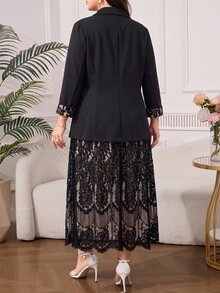 Reflora Plus Size Women's Contrast Lace Cuff Jacket And Dress Elegant Suit Set - Black - View 3