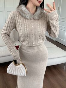 Feyla Women's Autumn/Winter Elegant Fur Collar Sweater & Knitted Skirt 2 Pieces Set - Apricot - View 2