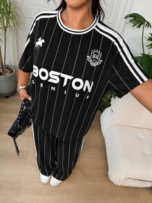 SHEIN EZwear 大尺碼女款字母騎士圖案短袖上衣與長褲休閒日常套裝 - 黑色 - 查看 4