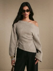 Poéselle Women's Elegant Khaki Ribbed Jacquard Asymmetrical Hem Warm Sweater, Fall Winter Knit Top For Work, Dating, Vacation, Party & Holiday Outfits - Khaki - View 3