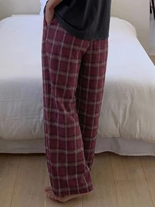 DAZY Spring/Autumn Burgundy Plaid Brushed Fabric Elastic Waist Long Pants Men's Loungewear Bottoms - Burgundy - View 2