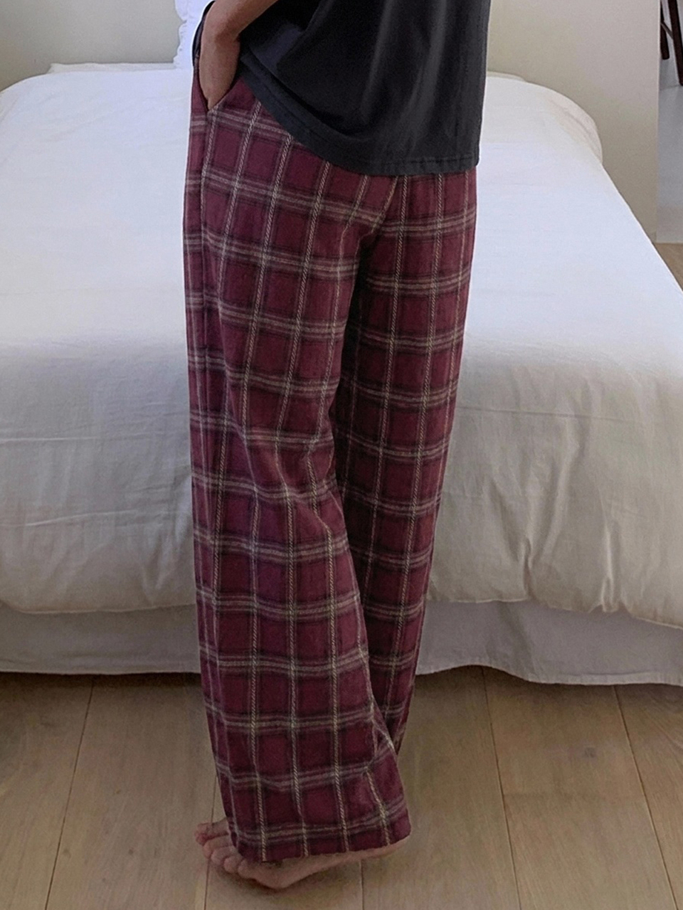 Spring/Autumn Burgundy Plaid Brushed Fabric Elastic Waist Long Pants Men's Loungewear Bottoms