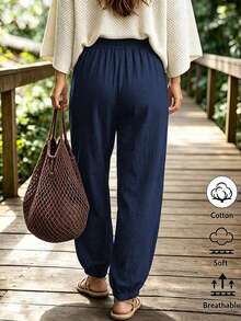 Breezaya Women's Casual Solid Color Waist Tie Cuffed Lantern Pants - Navy Blue - View 2