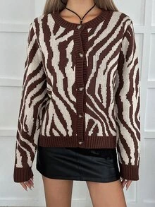 DAZY Women's Autumn Round Neck Long Sleeve Loose Zebra Stripe Brown & Beige Contrast Color Casual Knit Cardigan Sweater Winter - Brown - View 5