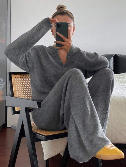 DAZY Autumn/Winter V-Neck Loose Long Sleeve Pullover Sweater & Wide Leg Pants Grey Casual Versatile Daily Commute Women's Knitwear Two Pieces Set