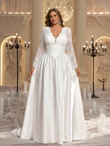 Aureia Plus Size Elegant Romantic V-Neck Lace Sheer Long Sleeve Pleated Fitted A-Line Wedding Dress Suitable For Evening Party Date Wedding Event - White - View 2