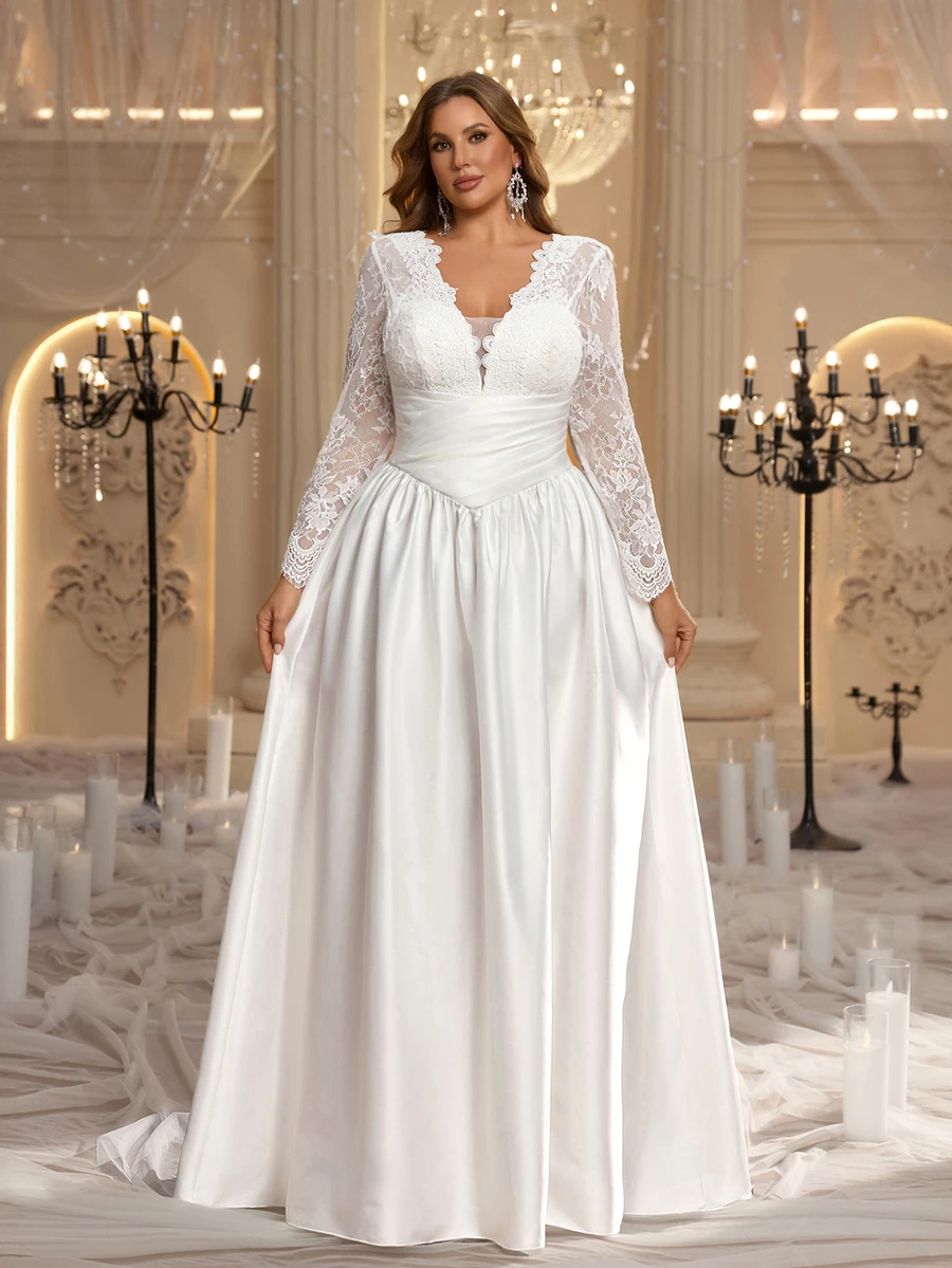 Aureia Plus Size Elegant Romantic V-Neck Lace Sheer Long Sleeve Pleated Fitted A-Line Wedding Dress Suitable For Evening Party Date Wedding Event - White - View 1