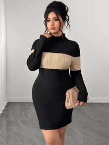 Elenzga Plus Size Women's Colorblock High Neck Ribbed Knit Bodycon Mini Dress, Slim Fit Waist, Long Sleeve, Bodycon, Slimming, Vintage Sexy Style, Autumn/Winter Inner Layer Knit Dress - Multicolor - View 3