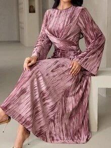 Veilorie فستان نسائي أنيق بتصميم عربي بياقة دائرية وأكمام واسعة وتصميم متقاطع عند الخصر - وردي - مشاهدة 7