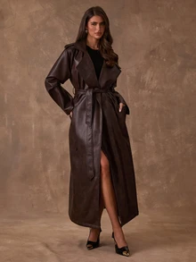 SHEIN BAE Women's Solid Color Lapel Neck Long Sleeve PU Leather Long Fashion Trench Coat - Brown - View 4