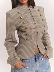 SHEIN BAE Fashionable Design Knot Button Decor Casual Commute Long Sleeve Jacket - Khaki - View 7