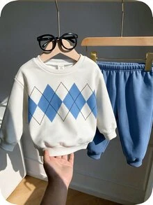 SHEIN 2件組男孩女孩秋冬可愛休閒運動百搭針織字母圖案長袖保暖內裡運動衫運動褲套裝冬季服飾 - 彩色 - 查看 3